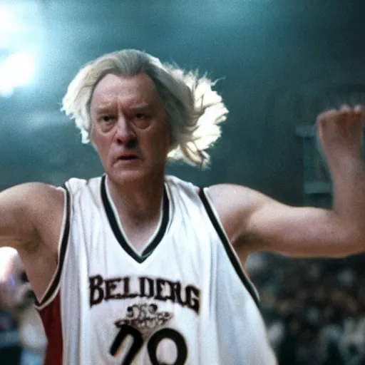 Image similar to dumbledore playing basketball, film still, cinematic lighting