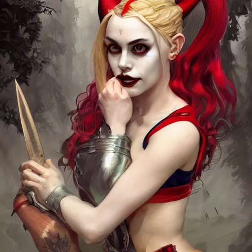 Prompt: portrait of harley quinn as a demon elf queen, forest, godlike, upper body, fantasy, intricate, elegant, highly detailed, digital painting, artstation, concept art, sharp focus, illustration, art by artgerm and greg rutkowski and alphonse mucha