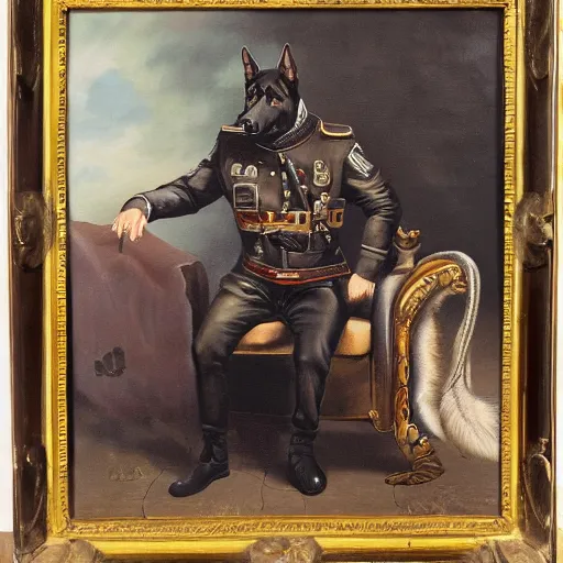 Image similar to a oil painting of a anthropomorphic german shepherd beast - man, wearing military outfit, sitting on an armchair