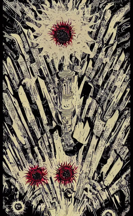 Image similar to 8 k cursed with necronomicon horrorcore cel animation poster depicting sunflowers spattered with blood, intricate, metropolis, 1 9 5 0 s movie poster, post - processing, vector art