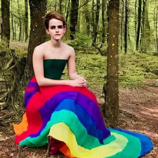 Image similar to photo of emma watson wearing a rainbow wedding gown sitting in a forest