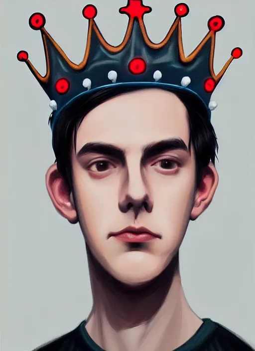 Image similar to portrait of teenage jughead jones wearing a light grey crown, photorealistic, crown, crown with red and white pin badge, crown with pins, eyes closed, crown, black hair, intricate, elegant, highly detailed, digital painting, glowing lights, artstation, concept art, smooth, sharp focus, illustration, art by wlop, mars ravelo and greg rutkowski