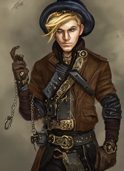 Image similar to a blonde boy thief with a steampunk armband in the style of eve ventrue