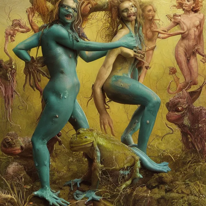 Image similar to a portrait photograph of claire danes as a brightly colored satyr amphibian hybrid with wet mutated skin. wearing a organic catsuit. by tom bagshaw, donato giancola, hans holbein, walton ford, gaston bussiere, brian froud, peter mohrbacher and magali villeneuve. 8 k, cgsociety