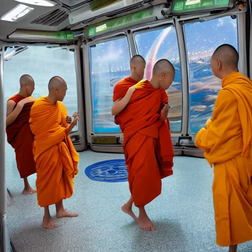 Prompt: Thai Buddhist monks on alms round on a space station in orbit.