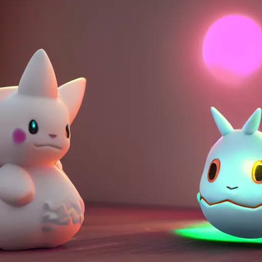 Image similar to nymph render of a very cute 3d togepi pokemon, adorable eyes, cute smile, full round face, neon lights in background, serene bedroom setting, medium shot, mid-shot, highly detailed, trending on Artstation, Unreal Engine 4k