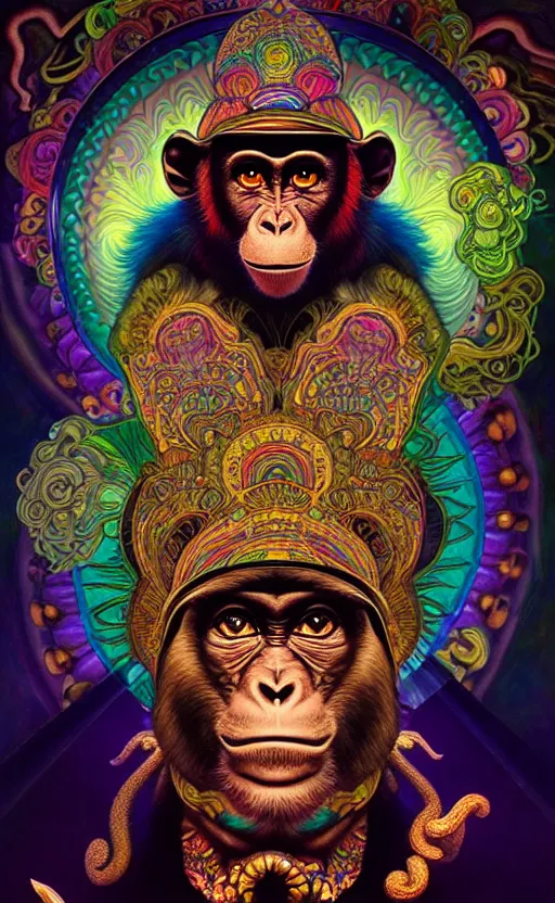 Prompt: An extremely psychedelic celestial Monkey in his black fedora hat, colorful, surreal, dramatic lighting, magic mushrooms, psilocybin, LSD, face, detailed, intricate, elegant, highly detailed, digital painting, artstation, concept art, smooth, sharp focus, illustration, art by Krenz Cushart and Artem Demura and alphonse mucha