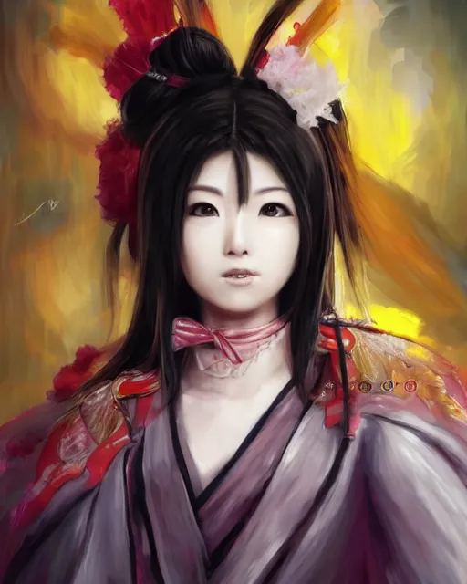 Image similar to portrait of oichi , sana from twice, sengoku basara in the paintetly style of WLOP, artgerm, brush stroke oil painting, imagine fx, artstation