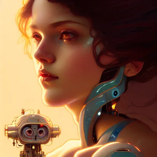 Image similar to portrait of beautiful girl with robot body by artgerm and greg rutkowski and alphonse mucha, close up, portrait, cinematic, elegant, artstation, intricate, highly detailed, digital painting, artstation, concept art, sharp focus, illustration, cyberpunk, cgsociety, 8 k