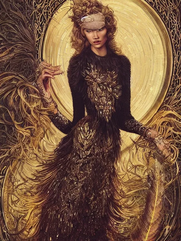 Image similar to an golden age portrait of Karlie Kloss,embellished sequined,feather-adorned,by tom bagshaw,Cedric Peyravernay,Peter Mohrbacher,William Holman Hunt,William Morris,Catherine Nolin,metropolis,Gucci,Dior,trending on pinterest，maximalist,glittering,feminine