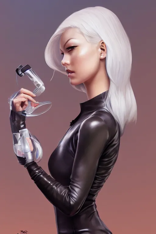 Prompt: a portrait of a scientist android girl with silver hair by artgerm and wlop