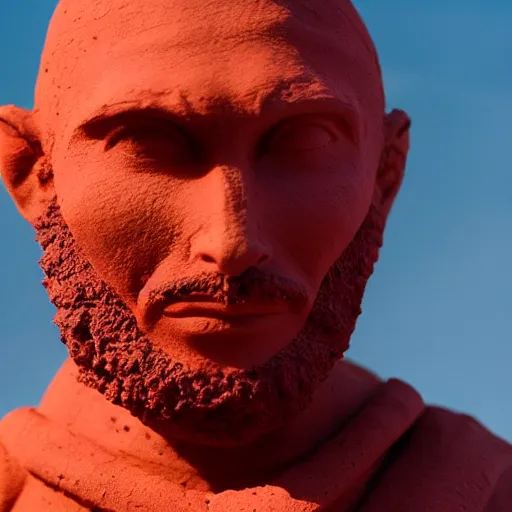 Prompt: cinematic still of a gust of wind blowing red clay into the shape of a red clay sculpture of 30 year old middle eastern man head and shoulders, strong, muscular, mysterious, fantastical, miraculous, epic, light rays, cinematic, Biblical epic directed by Steven Spielberg