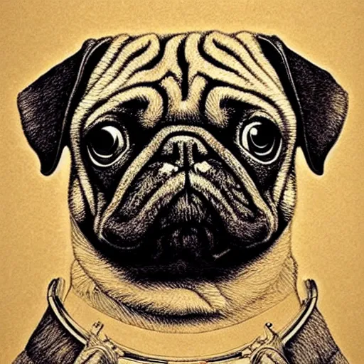 Image similar to pencil art, golden - ratio, spirals, highly detailed, astronaut pug in outer space by davinci.