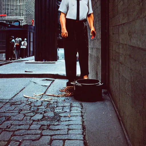 Image similar to closeup portrait of a man fishing in a manhole in a smoky new york street , by Annie Leibovitz and Steve McCurry, natural light, detailed face, CANON Eos C300, ƒ1.8, 35mm, 8K, medium-format print