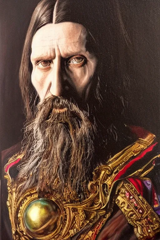 Prompt: hyper realistic painting portrait of rasputin, occult diagram, elaborate details, detailed face, intrincate ornaments, gold decoration, occult art, oil painting, art noveau, in the style of roberto ferri, gustav moreau, david kassan, bussiere, saturno butto, boris vallejo