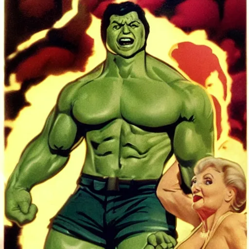 Image similar to buff betty white as the incredible hulk with huge muscles