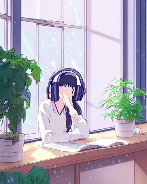 Image similar to a beautiful photo of a girl sitting at her desk next to a window wearing headphones doodling on paper, lots of plants in pots on her desk, pastel colors, rain on the winow, ， by makoto shinkai an krenz cushart