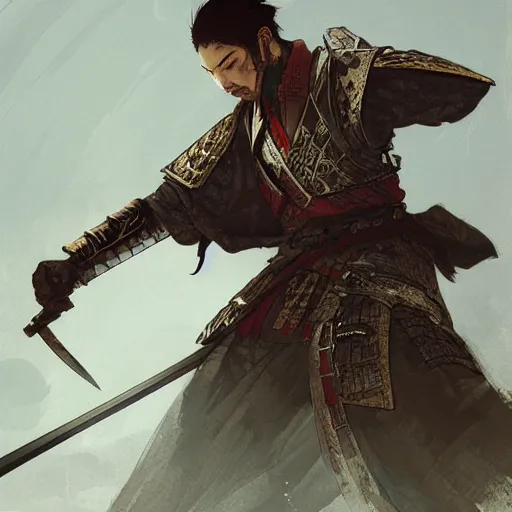 Image similar to A samurai in battle, D&D, fantasy, intricate, cinematic lighting, highly detailed, digital painting, artstation, concept art, smooth, sharp focus, illustration, art by Akihiko Yoshida, Greg Rutkowski and Alphonse Mucha
