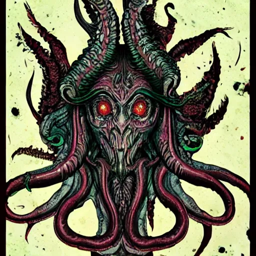 Image similar to 4 k headshot of godlike cthulhu with defined arms and open hands and bloody clothes with giant mandala wings, intricate face, flawless anime cel animation by kentaro miura, psychedelic, highly detailed upper body, professionally post - processed, beautiful, scary, symmetry accurate features, epic, octane rendered, anime masterpiece, accurate