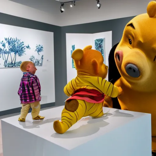 Image similar to winnie the pooh and Piglet visit a gallery, exhibition about honey, paintings of honey, sculptures of bees, plinths made of wood, white gallery, contemporary art, photorealistic