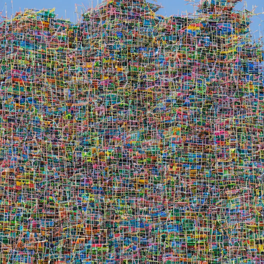 Prompt: a close - up view of a single high tower made up of various colourful makeshift squatter shacks, surrounded by collapsing construction material, sony a 7 r 3, f 2 2, fully frontal view, photographed by wolfgang tillmans, ultra detailed,