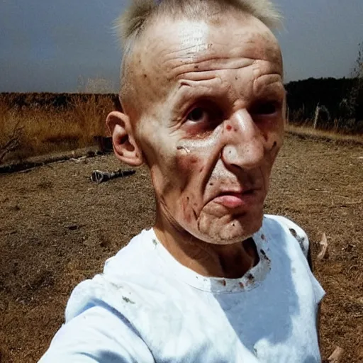 Image similar to last selfie of last alive scared ukrainian very damaged body to bones running from nuclear explosion