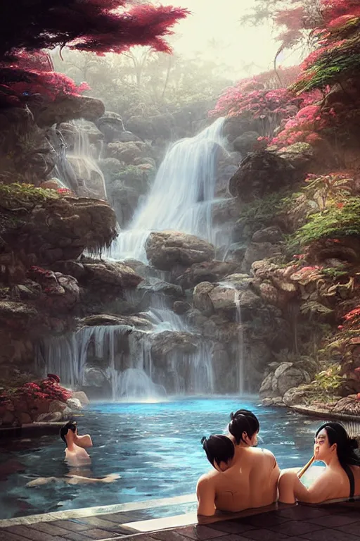 Image similar to a couple relaxing at an onsen hot spring, as drawn by artgerm, greg rutkowski, wide shot, digital artwork by karol bak and rhads, jason chan