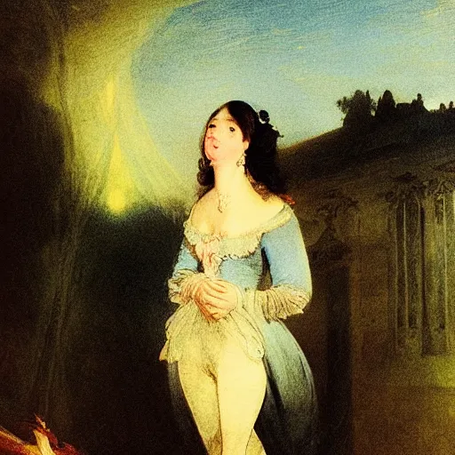 Prompt: a beautiful dark - haired girl riding a concorde and smoking a gauloise blue hour lighting, lumnious, magical, atmospheric, backlight photo sample, illustration by goya, jmw turner and jean antoine watteau