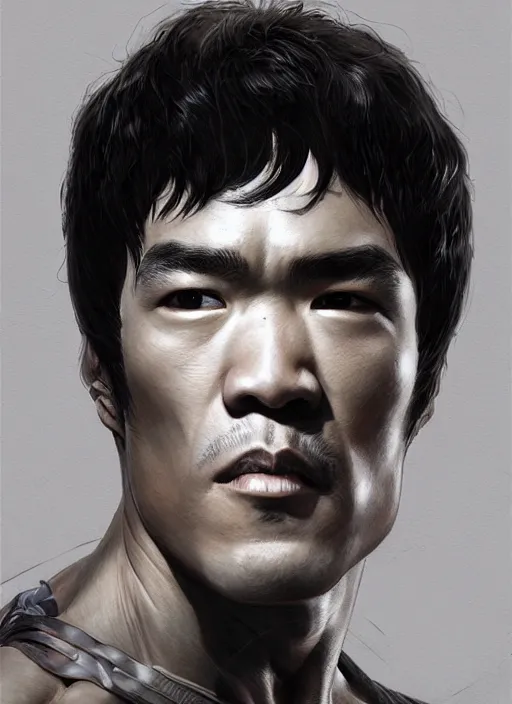 Image similar to Portrait of Bruce Lee, marvel comics, dark, intricate, highly detailed, smooth, artstation, digital illustration by Ruan Jia and Mandy Jurgens and Artgerm and Wayne Barlowe and Greg Rutkowski and Frank Frazetta