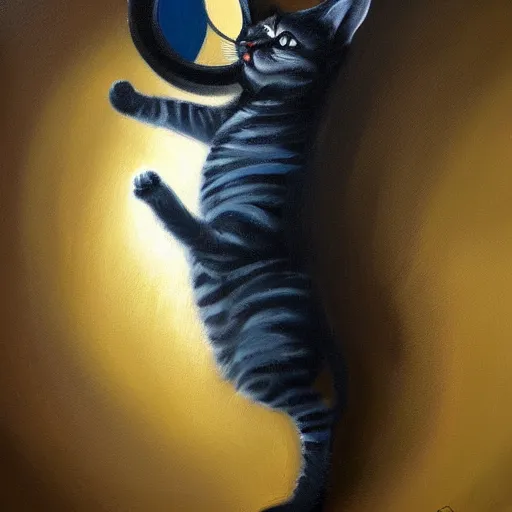 Image similar to a cat climbing out of a portal, expressive oil painting, trending on artstation