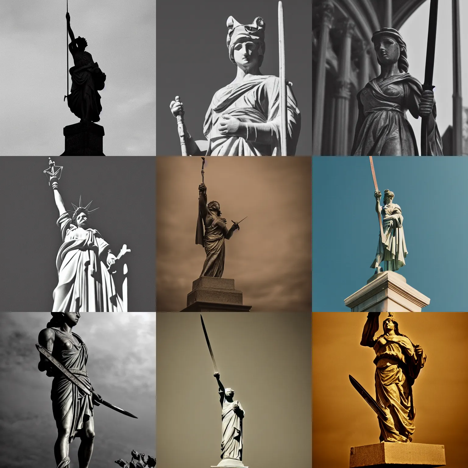 Prompt: the statue of freedom holding a sword, shot on film, sharp focus, film grain, grainy photograph, moody, cinematic