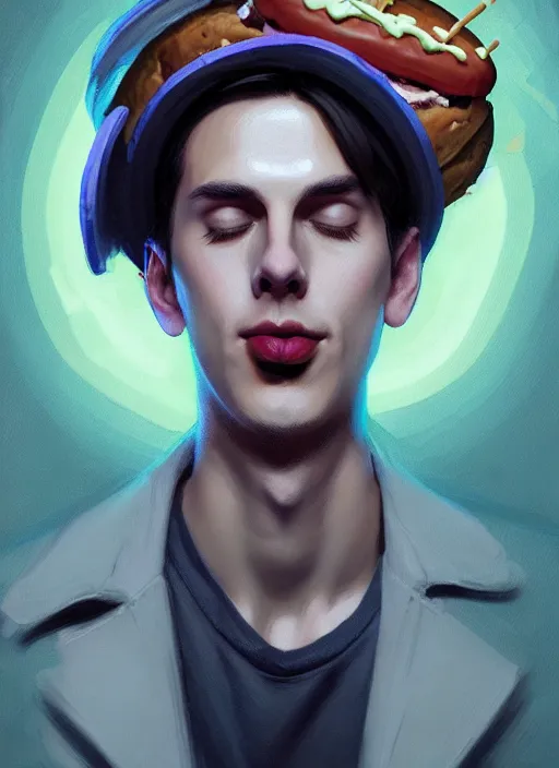 Image similar to portrait of jughead jones, eating a hamburger, wearing a crown, eyes closed, intricate, elegant, glowing lights, highly detailed, digital painting, artstation, concept art, smooth, sharp focus, illustration, art by wlop, mars ravelo and greg rutkowski