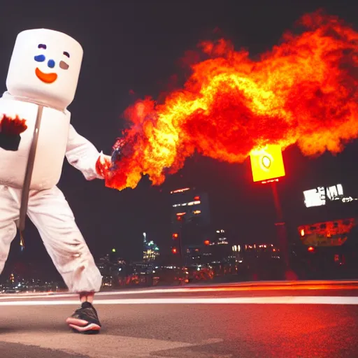 Image similar to marshmellow man in tokio, rampage , chaos in the streets, movie setup, pyro, 8k