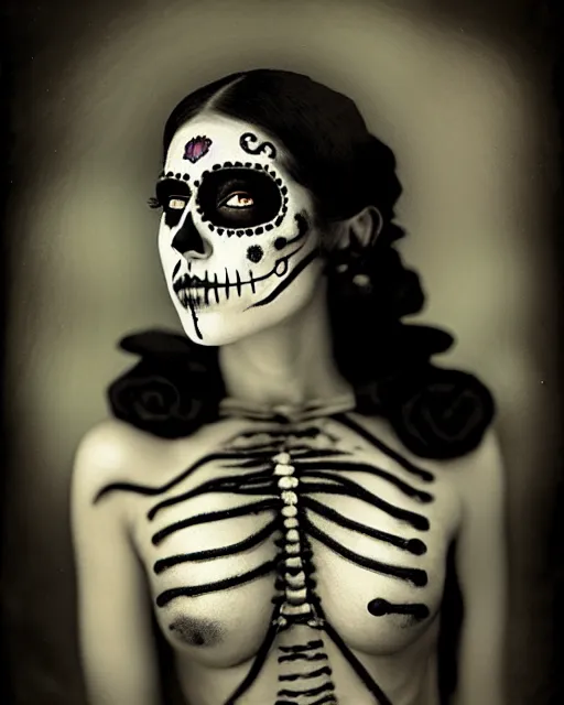 Image similar to tintype veiled woman dressed in dia de muertos makeup high quality photo, microchip, artificial intelligence, bio - mechanical bio - luminescence, black wired cables, neurons, nerve cells, cinematic, rim light, photo - realistic, high detail, 8 k, masterpiece, high fashion, in the style of steven meisel dora maar h. g. giger