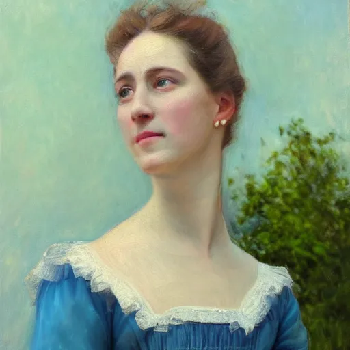 Image similar to portrait painting of a lady in a light blue dress 1 9 0 0 s entire face shown in great detail, garden, photorealistic, extreme detail, sharp focus, 8 k, intricate, hyper detailed, realistic, cinematic lighting