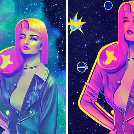 Image similar to a highly detailed and accurate pulp portrait of kim petras in space, 1 9 7 0 s, space station, neon light, delicate embellishments, woman art, painterly, offset printing technique