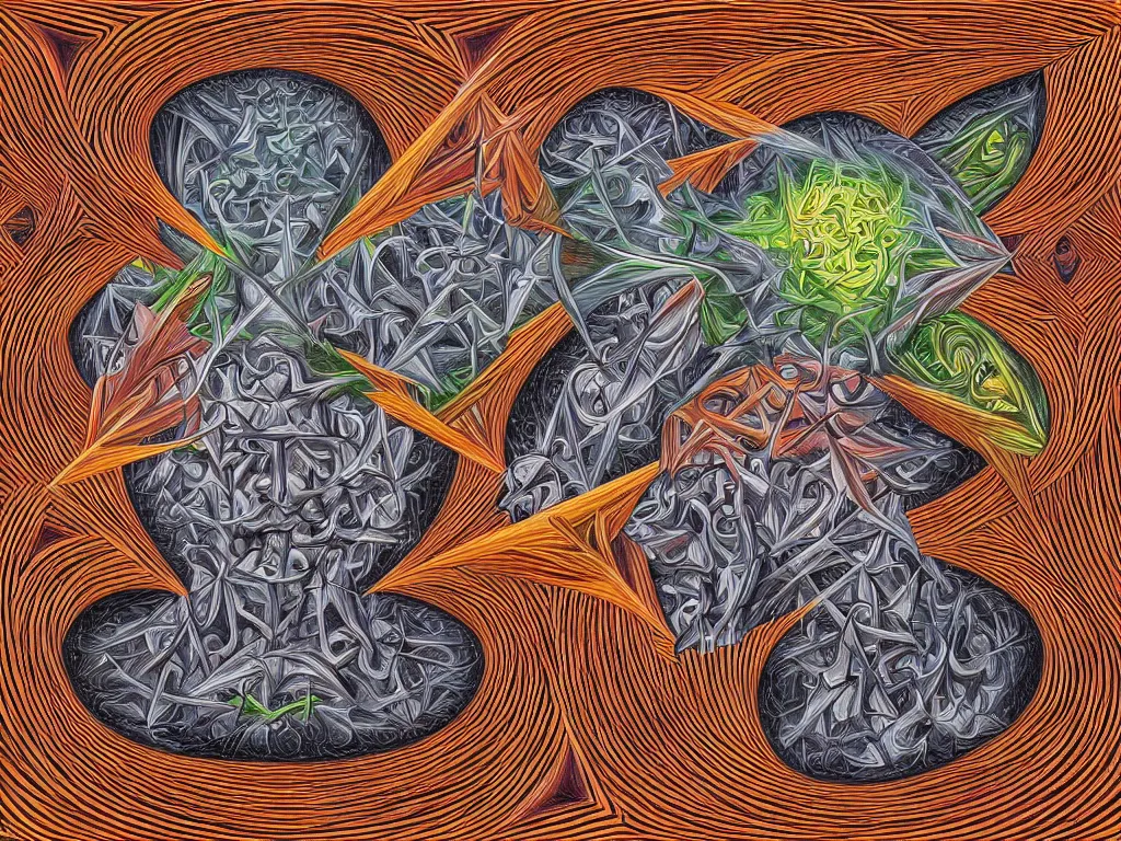 Image similar to expression of mind-matter interaction through death by Alex Grey and M. C. Escher collaboration, digital painting, Groundcore