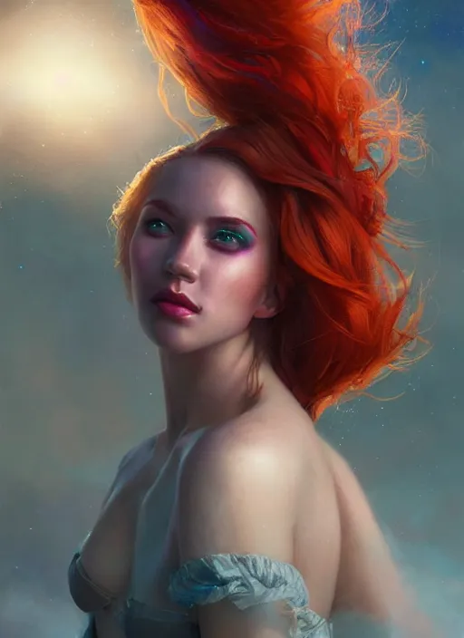 Prompt: girl with iridescent red hair, beautiful highly detailed face, complementary lighting, backlit, glitter eyeshadow, lipstick, divine, dramatic lighting, landscape background, beautiful painting by artgerm and greg rutkowski and raymond swanland