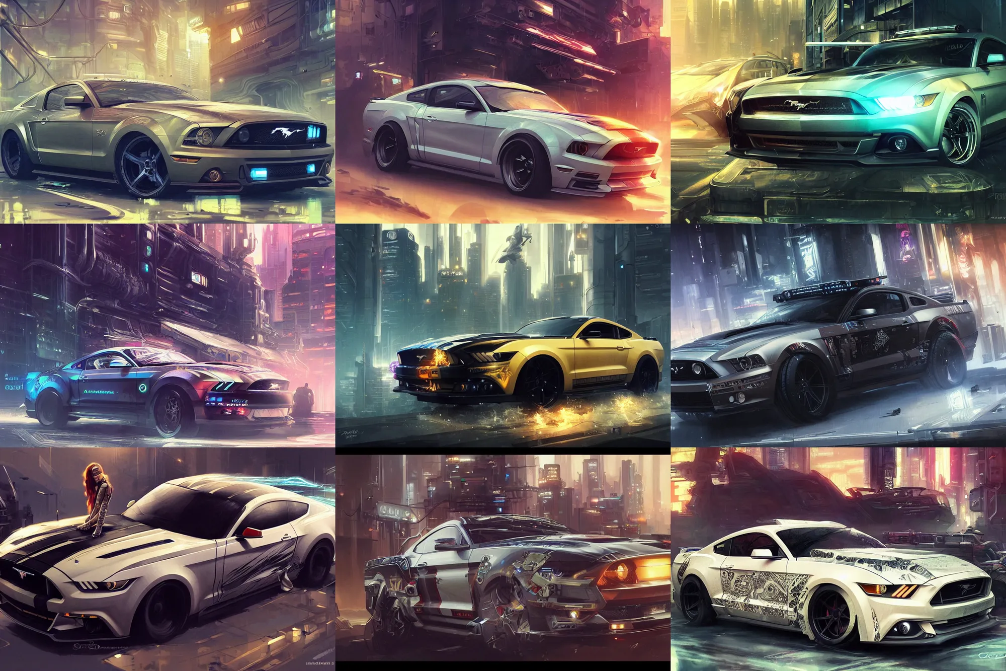 Prompt: luxury cyberpunk ford mustang, highly detailed, digital painting, artstation, concept art, sharp focus, illustration, art by artgerm and greg rutkowski and alphonse mucha