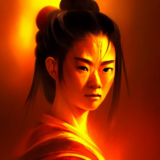 Image similar to portrait of beatiful female samurai in orange light in the style of Raymond Swanland, cinematic, artstation