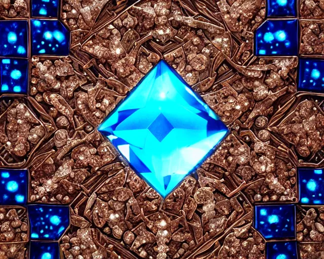 Image similar to beautiful photograph of a diamond filled with intricate cork carvings and copper veins, blue translucent resin, bioluminescent, ultra realistic, ultra detailed, masterpiece, 8 k octane render, ambient diffusion, subsurface scattering, trending on artstation, cgstudio