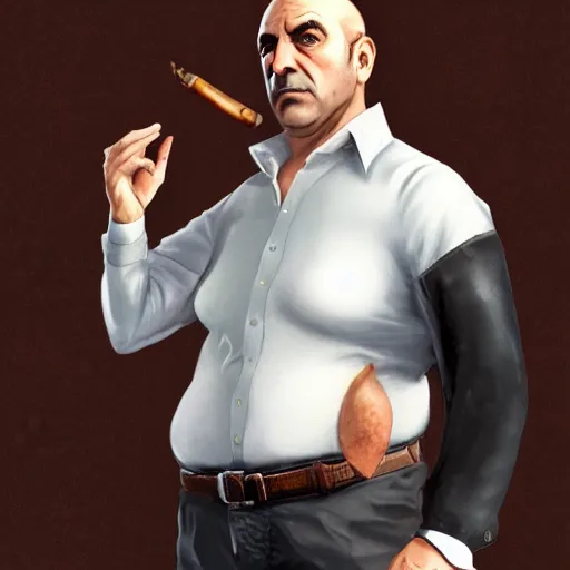 Image similar to a midage italian male, beardless, bald, short black hair with gel, overweight, fine white shirt, leather belt, black pants, leather shoes, smoking a cigar, full body, gta v style, concept art, highly detailed, hyper realistic, unreal engine