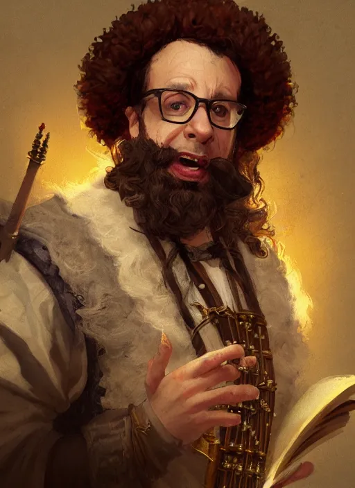 Image similar to illustration of rick moranis as a bard dressed in renaissance clothing with a big beard, by greg rutkowski artstation