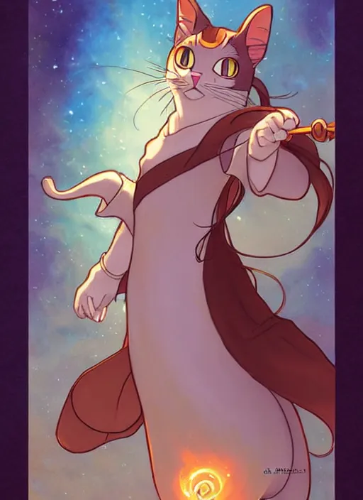 Image similar to cute wizard cat trading card design, natural lighting, path traced, highly detailed, high quality, digital painting, by don bluth and ross tran and studio ghibli and alphonse mucha, artgerm