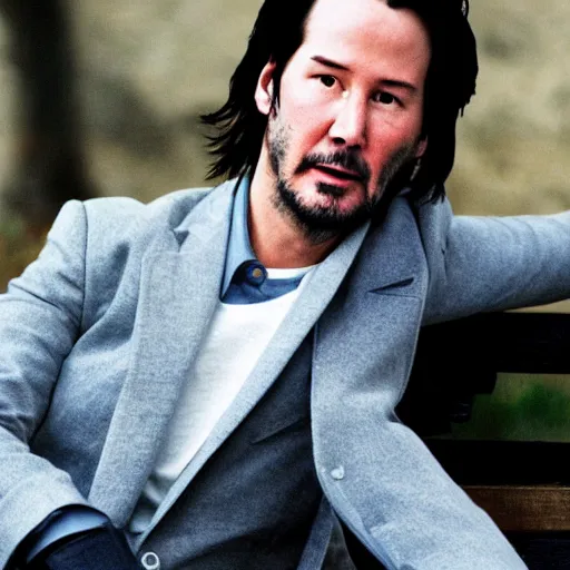 Prompt: GQ picture of Keanu Reeves sitting on a bench looking sad -35 mm - Calvin Klein Jacket ($599) Seven for all mankind jeans ($225)