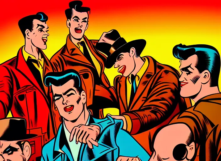 Prompt: rockabilly band 1950s, high detail, golden hour, 8K, by jack kirby