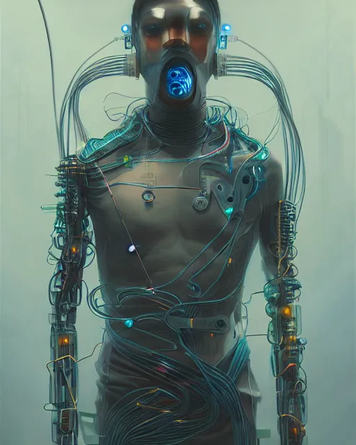 Prompt: cyberpunk man made of metallic wires and carbon fiber, photorealism, peter mohrbacher, artstation