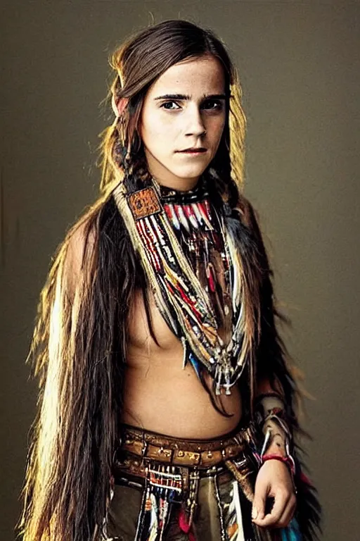 Image similar to “Photo of Native American indian woman Emma Watson, portrait, skilled warrior of the Apache, ancient, realistic, detailed, emma watson”