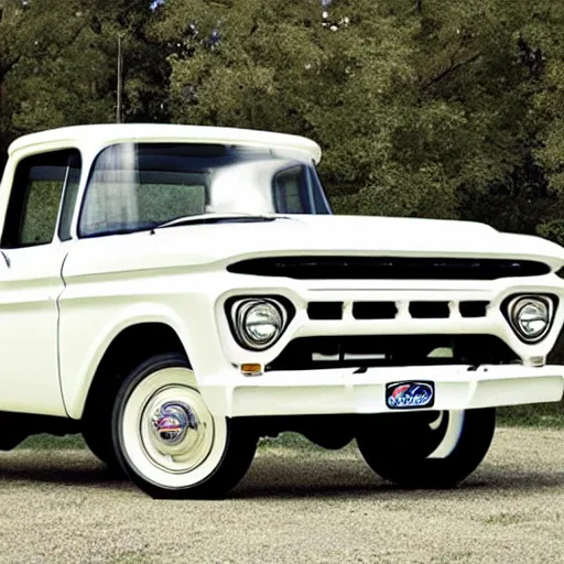 Prompt: Ford Pickup, 1960s Truck, White Paint Job, Modern Interior Accessories