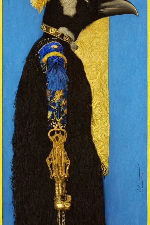 Image similar to portrait in profile of an anthropomorphic black crow wearing a blue velvet waistcoat, by Donato Giancola and John Bauer and Vermeer, gold embroidery, iridescent beetles, rich color, featured on Artstation, cgisociety, unreal engine, extremely detailed